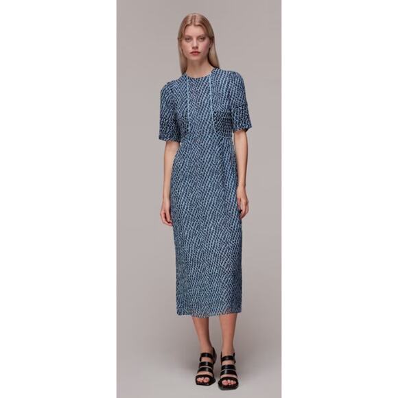 $359 Whistles Women's Size 8 Blue Multi Brushed Geo Print Dobby Midi Dress